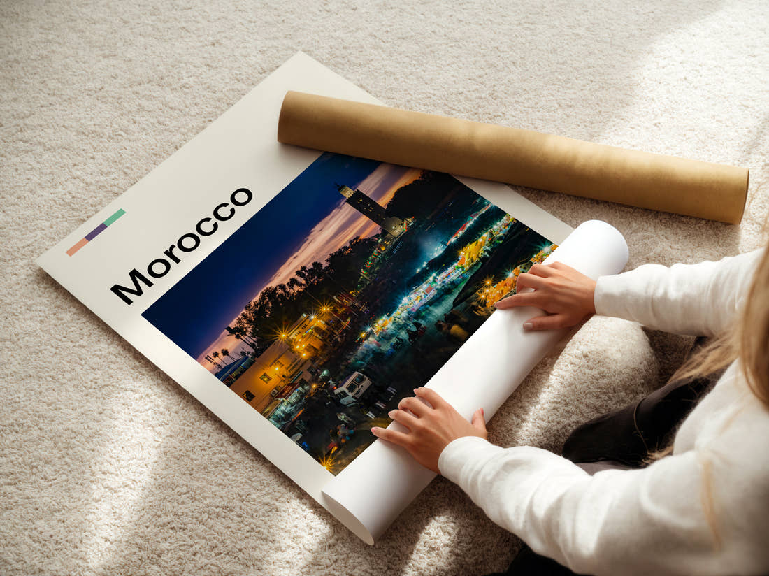 Morocco Night Market Travel Print being unrolled from its postal tube