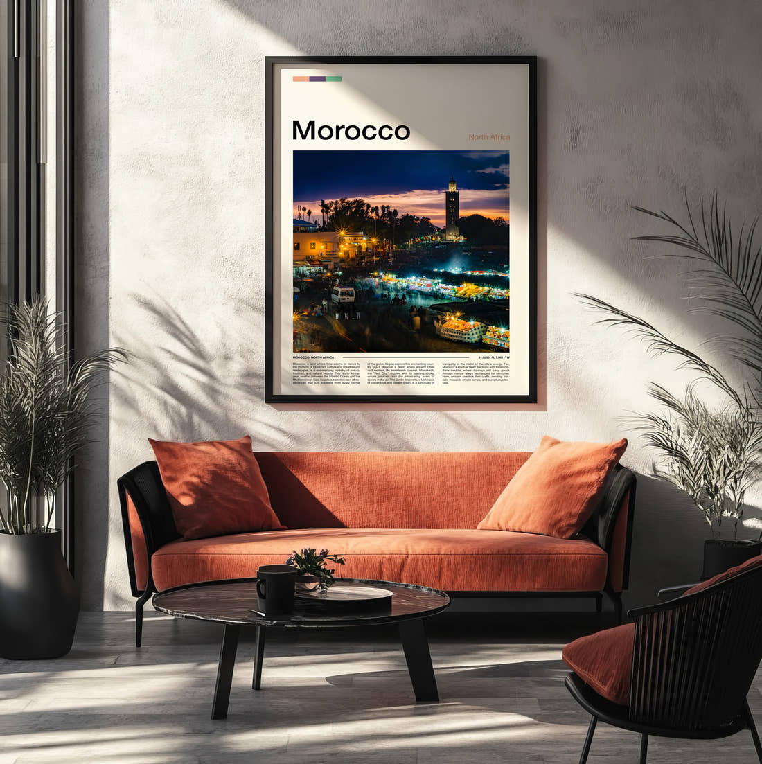 Morocco Night Market Travel Print framed on the wall of a modern living room