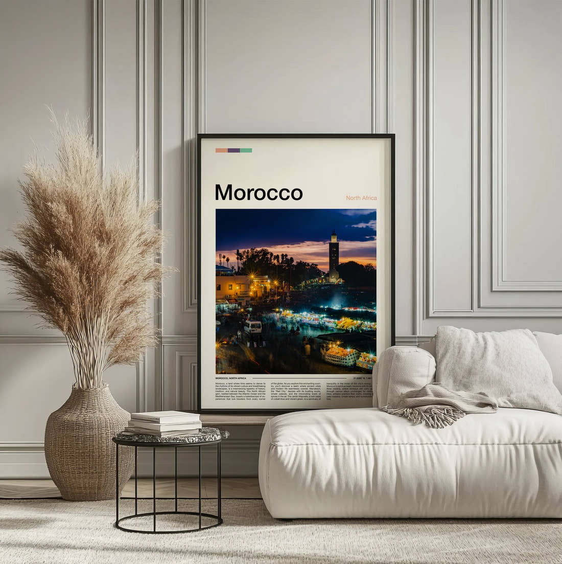 Morocco Night Market Travel Print framed on the wall of a calm, neutral bedroom
