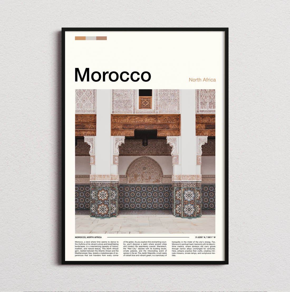 Morocco Tiled Archways Travel Print framed and photographed straight on