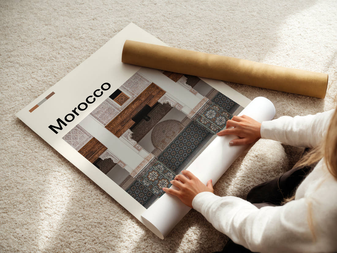 Morocco Tiled Archways Travel Print being unrolled from its postal tube