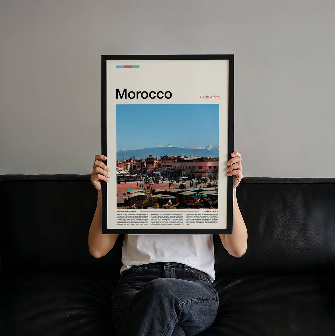 Morocco Market Square Travel Print held up by hand to show the size of the print