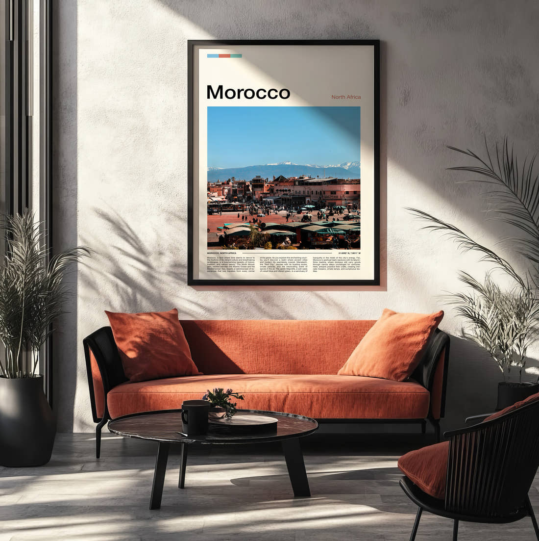 Morocco Market Square Travel Print framed on the wall of a modern living room