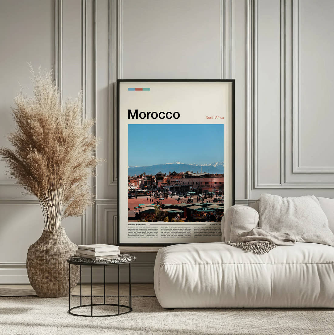 Morocco Market Square Travel Print framed on the wall of a calm, neutral bedroom