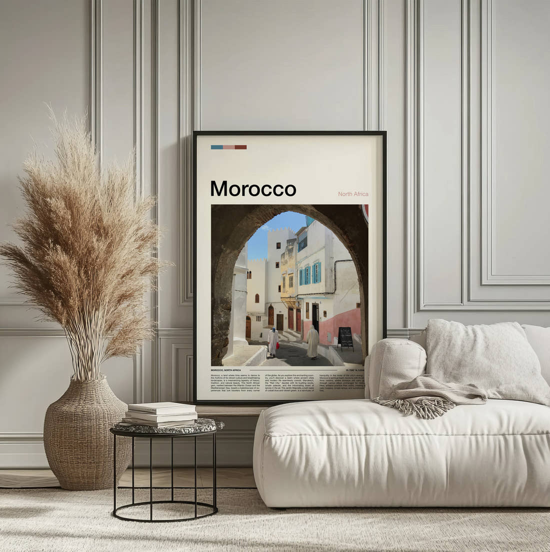 Morocco Whitewashed Archway Travel Print framed on the wall of a calm, neutral bedroom