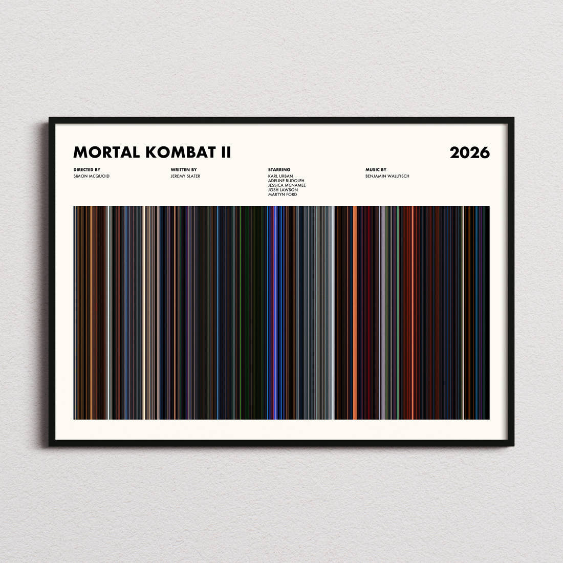 Mortal Kombat II Movie Barcode Poster framed and photographed straight on