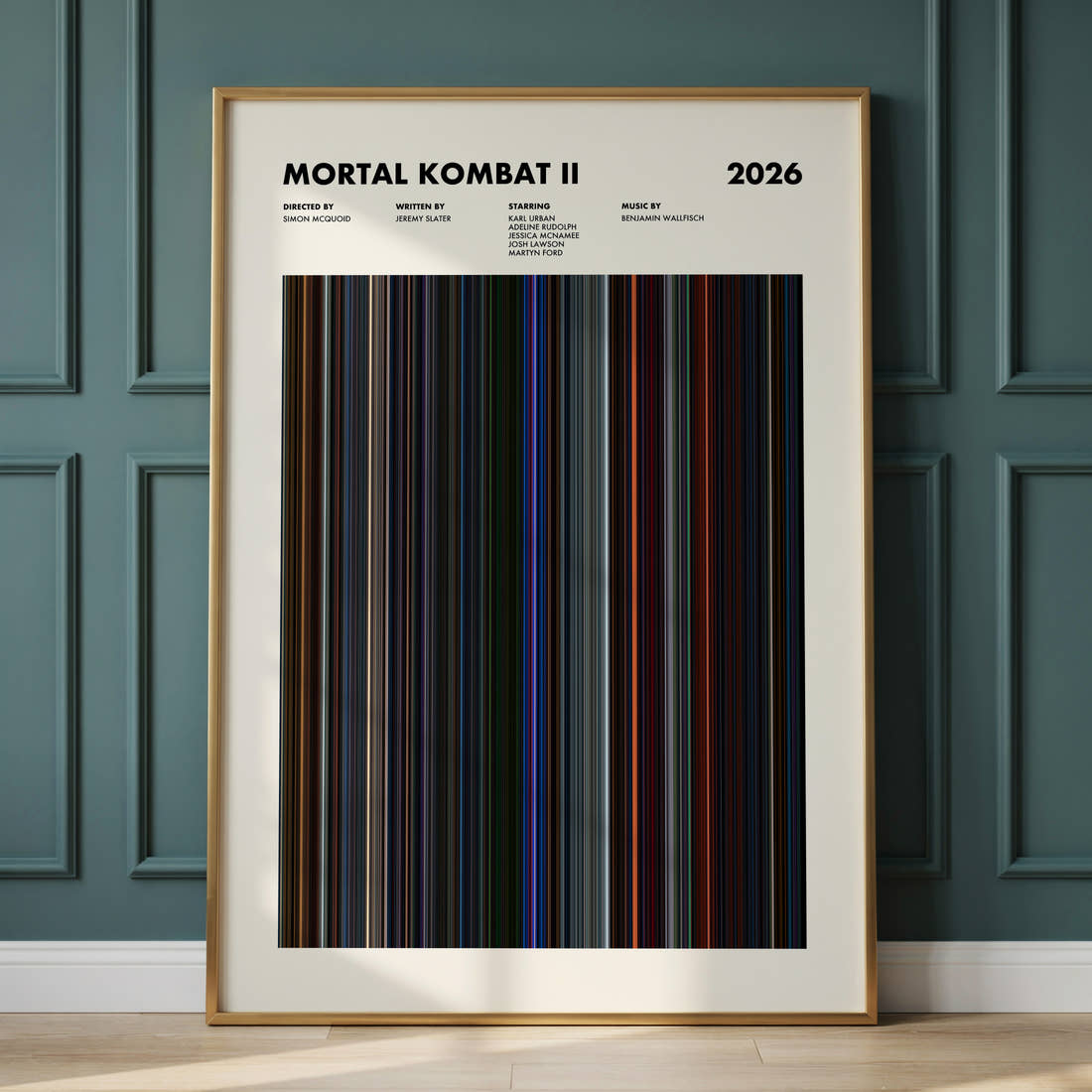 Mortal Kombat II Movie Barcode Poster framed and leaning against a panelled wall