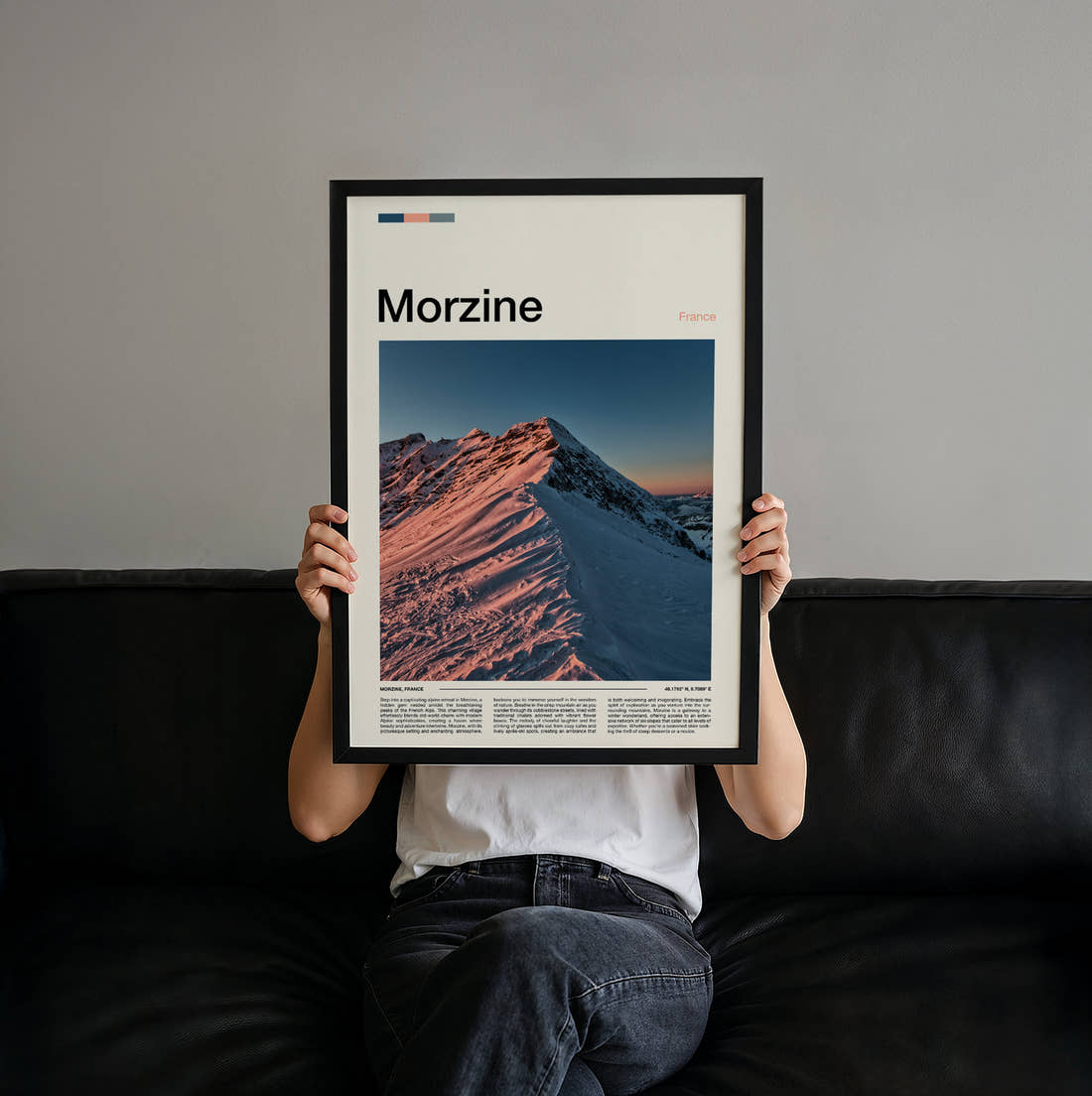 Morzine Snowy Ridge At Dawn Travel Print held up by hand to show the size of the print