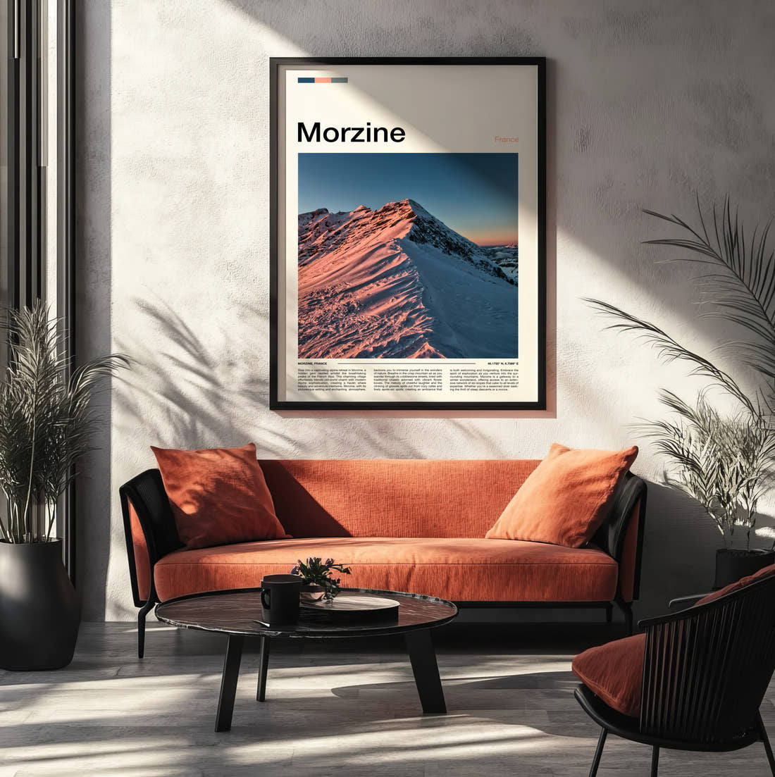 Morzine Snowy Ridge At Dawn Travel Print framed on the wall of a modern living room