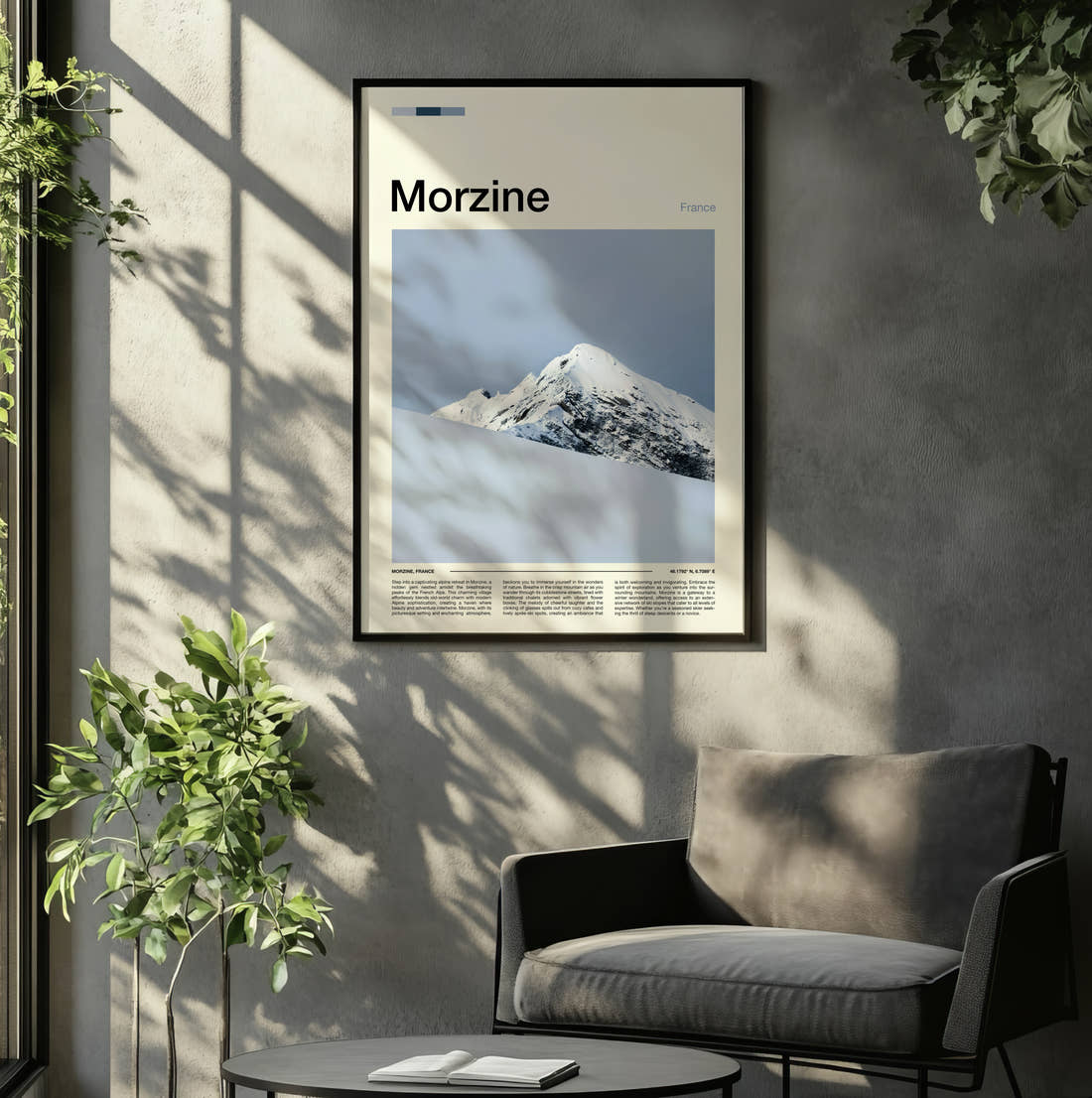 Morzine Snow Covered Peak Travel Print framed on the wall of a relaxed living room