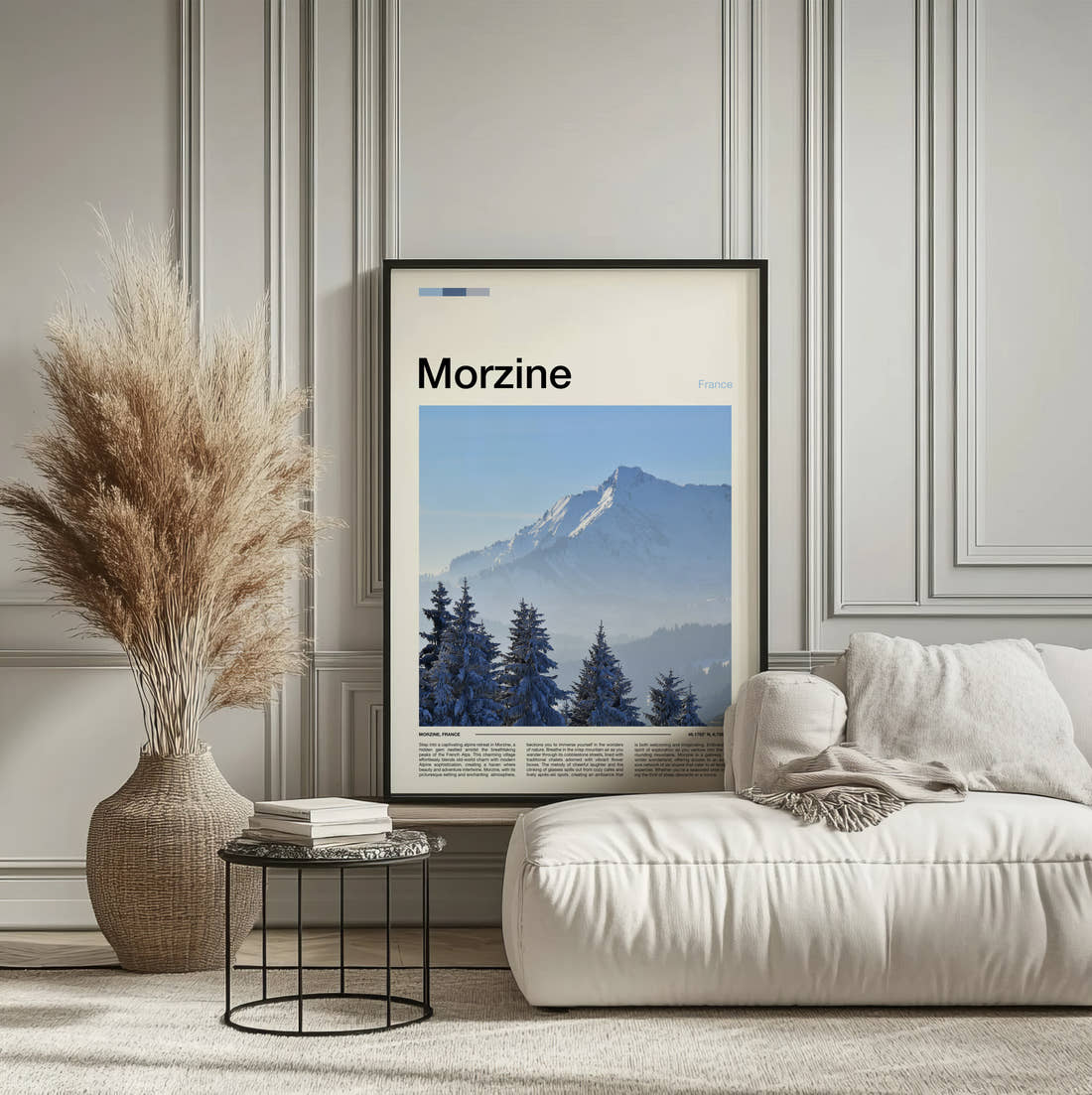 Morzine Snowy Pines And Peak Travel Print framed on the wall of a calm, neutral bedroom