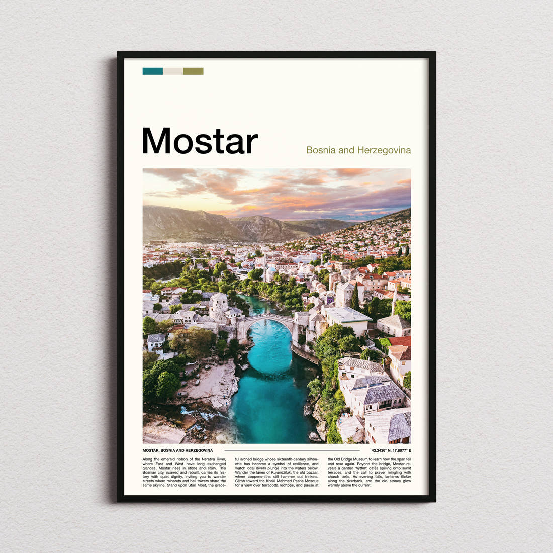 Mostar Old Bridge Aerial View Travel Print framed and photographed straight on