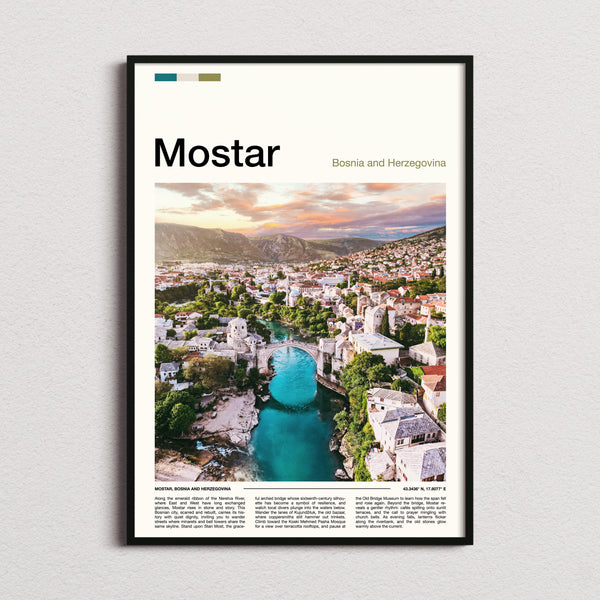 Mostar Old Bridge Aerial View Travel Print framed and photographed straight on