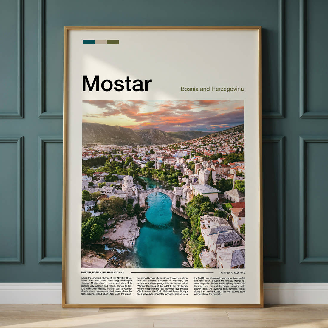 Mostar Old Bridge Aerial View Travel Print framed on the wall of a calm, neutral bedroom