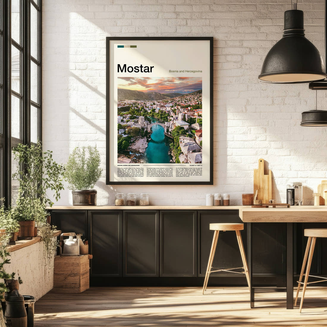 Mostar Old Bridge Aerial View Travel Print framed on the wall of a bright kitchen and dining space
