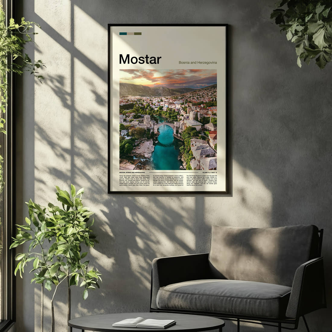 Mostar Old Bridge Aerial View Travel Print framed on the wall of a relaxed living room