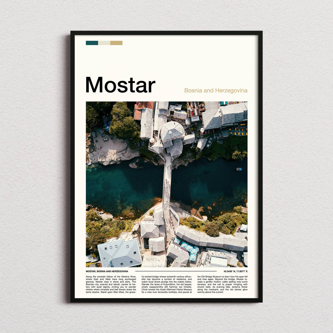 Mostar Old Bridge From Above Travel Print framed and photographed straight on