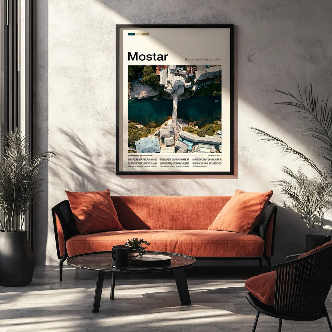 Mostar Old Bridge From Above Travel Print framed on the wall of a modern living room