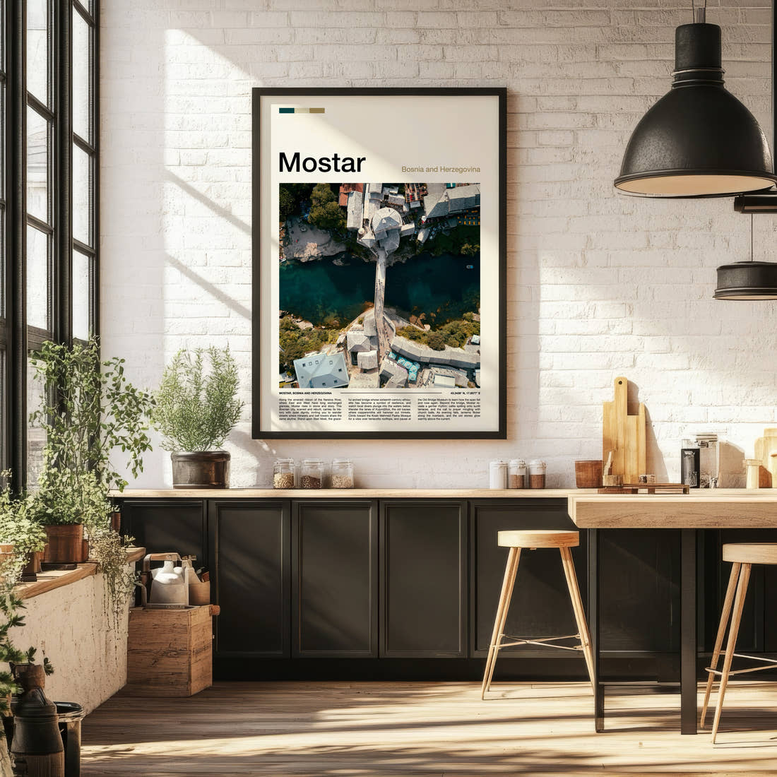 Mostar Old Bridge From Above Travel Print framed on the wall of a bright kitchen and dining space