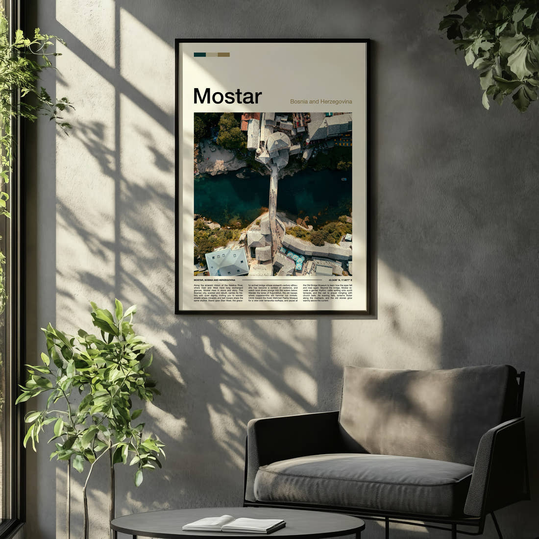 Mostar Old Bridge From Above Travel Print framed on the wall of a relaxed living room