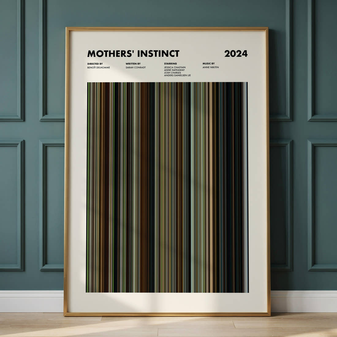 Mothers' Instinct Movie Barcode Poster framed and leaning against a panelled wall