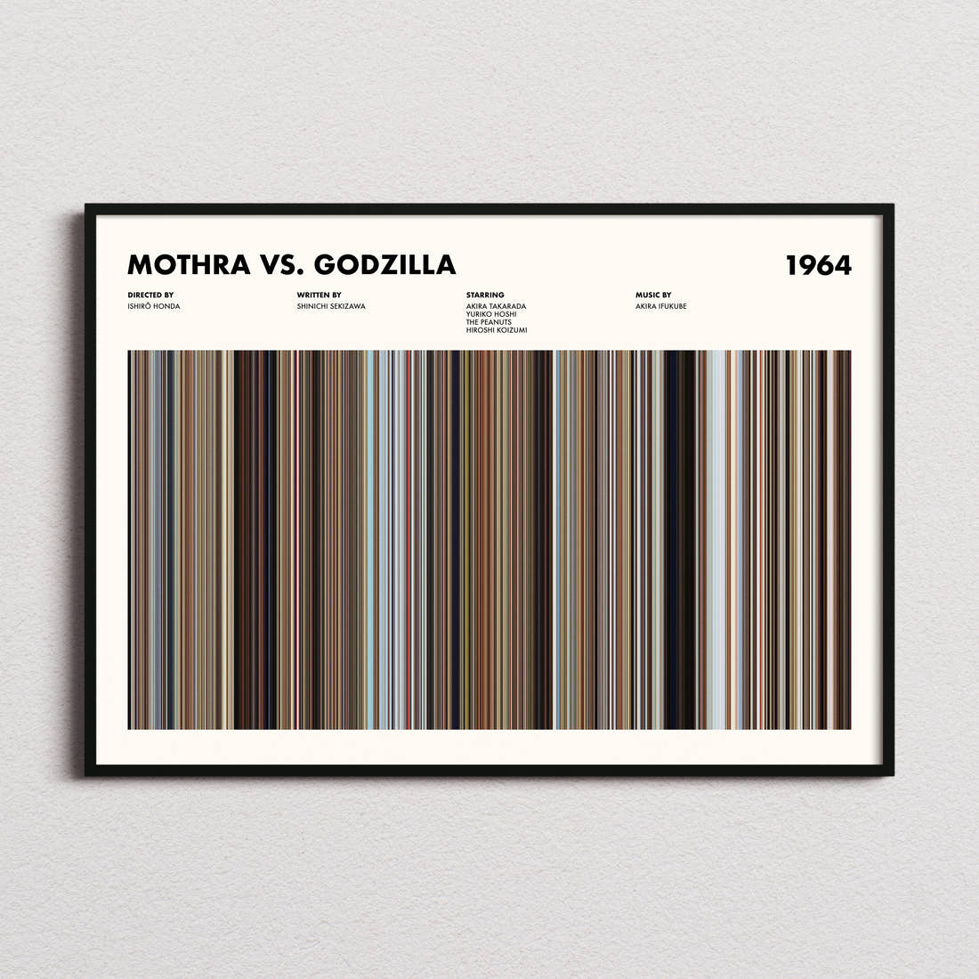 Mothra vs. Godzilla Movie Barcode Poster framed and photographed straight on