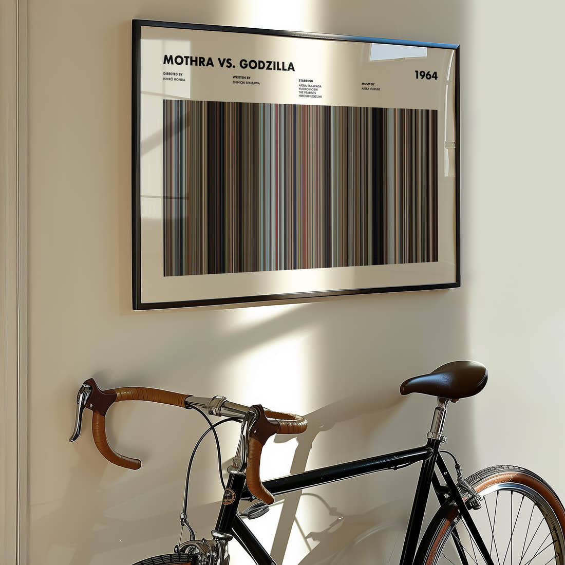 Mothra vs. Godzilla Movie Barcode Poster framed on the wall of a styled room setting