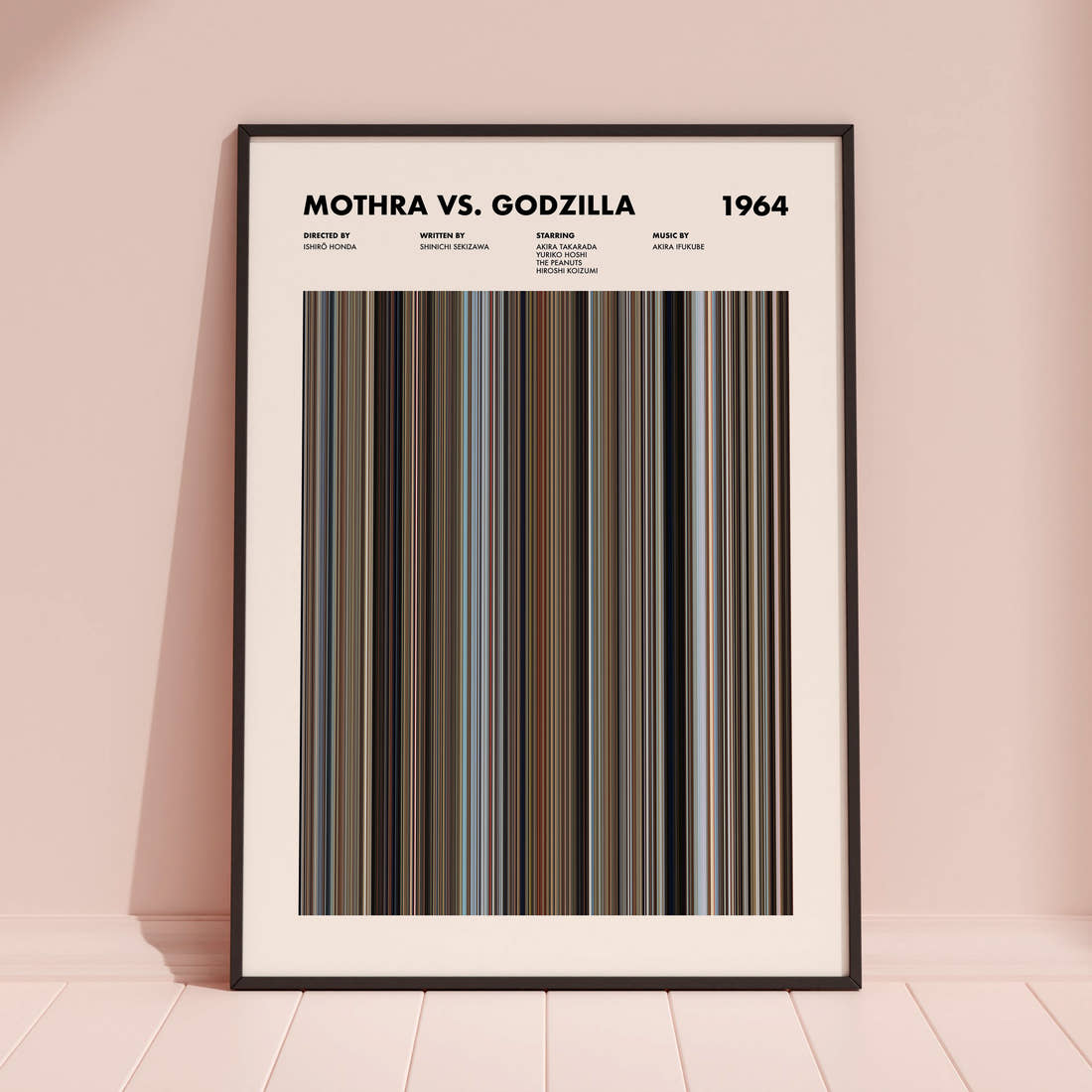 Mothra vs. Godzilla Movie Barcode Poster framed and leaning against a coloured wall
