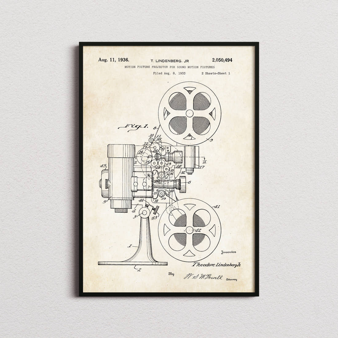 Motion Picture Projector Patent Print in the aged paper colourway, framed