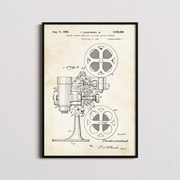 Motion Picture Projector Patent Print in the aged paper colourway, framed