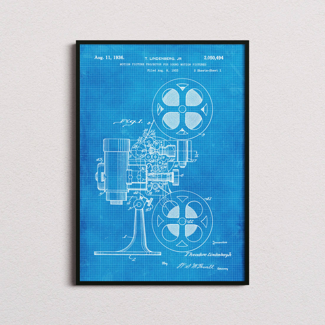 Motion Picture Projector Patent Print in the blueprint colourway, framed