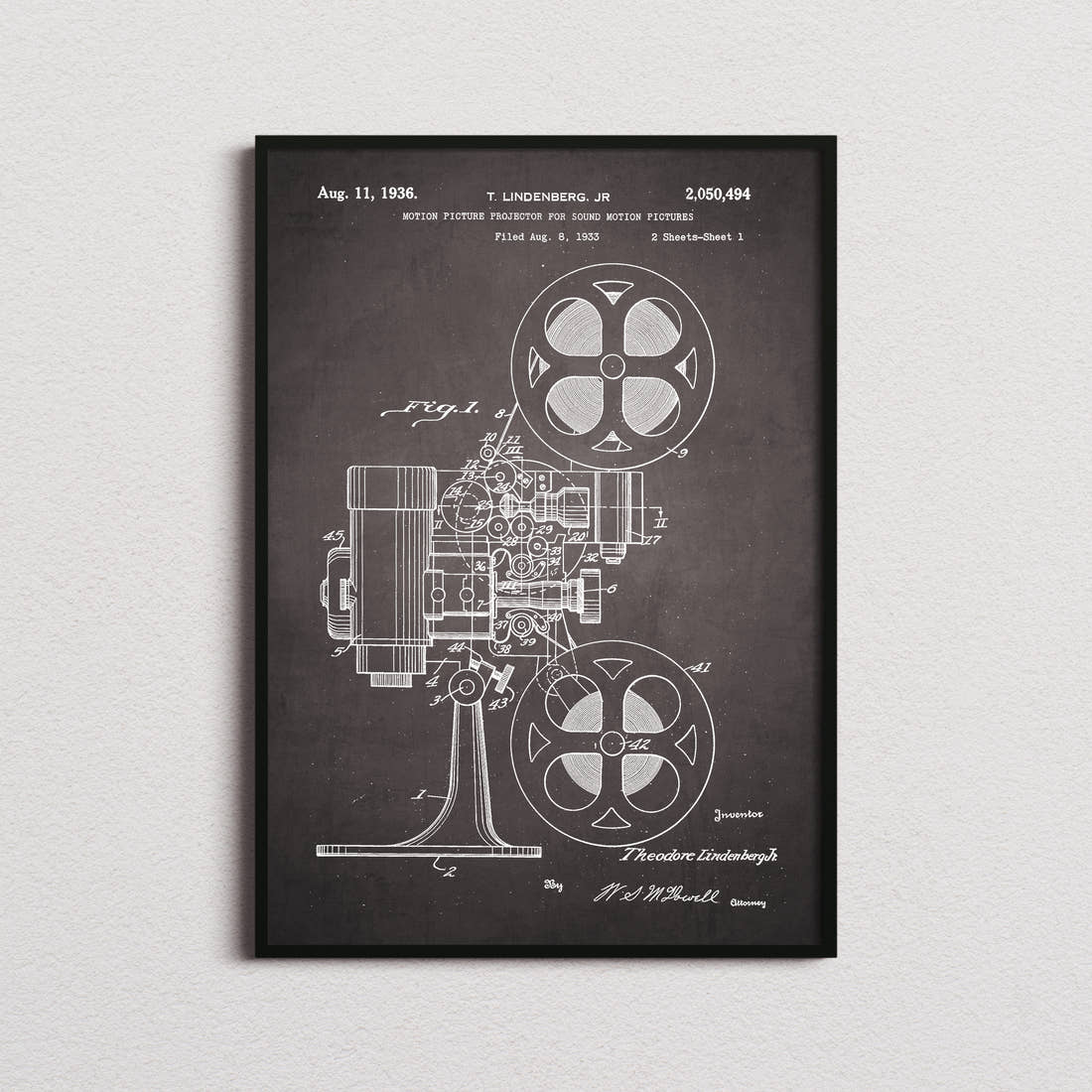 Motion Picture Projector Patent Print in the blackboard colourway, framed