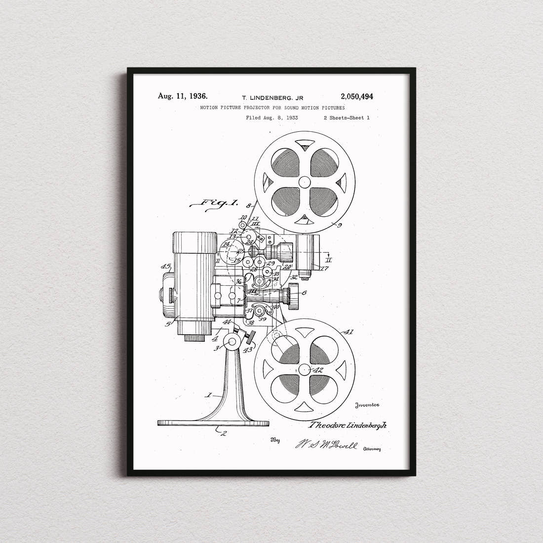 Motion Picture Projector Patent Print in the white colourway, framed