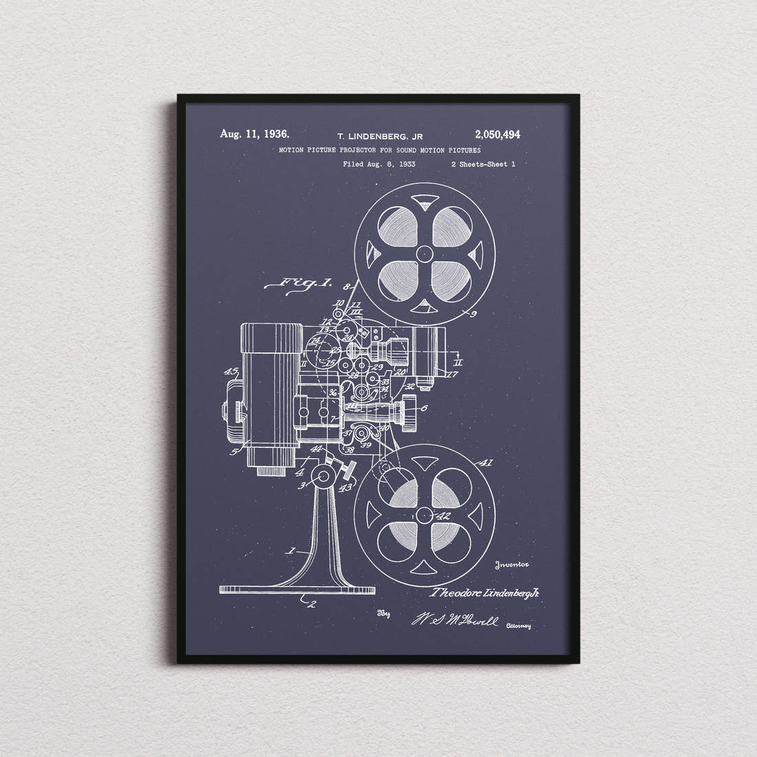 Motion Picture Projector Patent Print in the navy colourway, framed