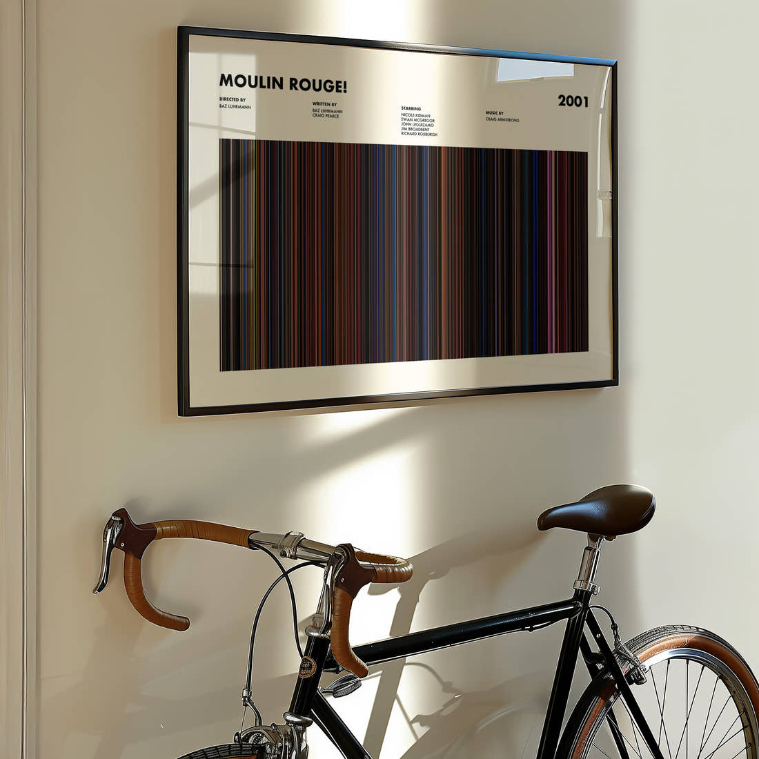 Moulin Rouge Movie Barcode Poster framed on the wall of a styled room setting