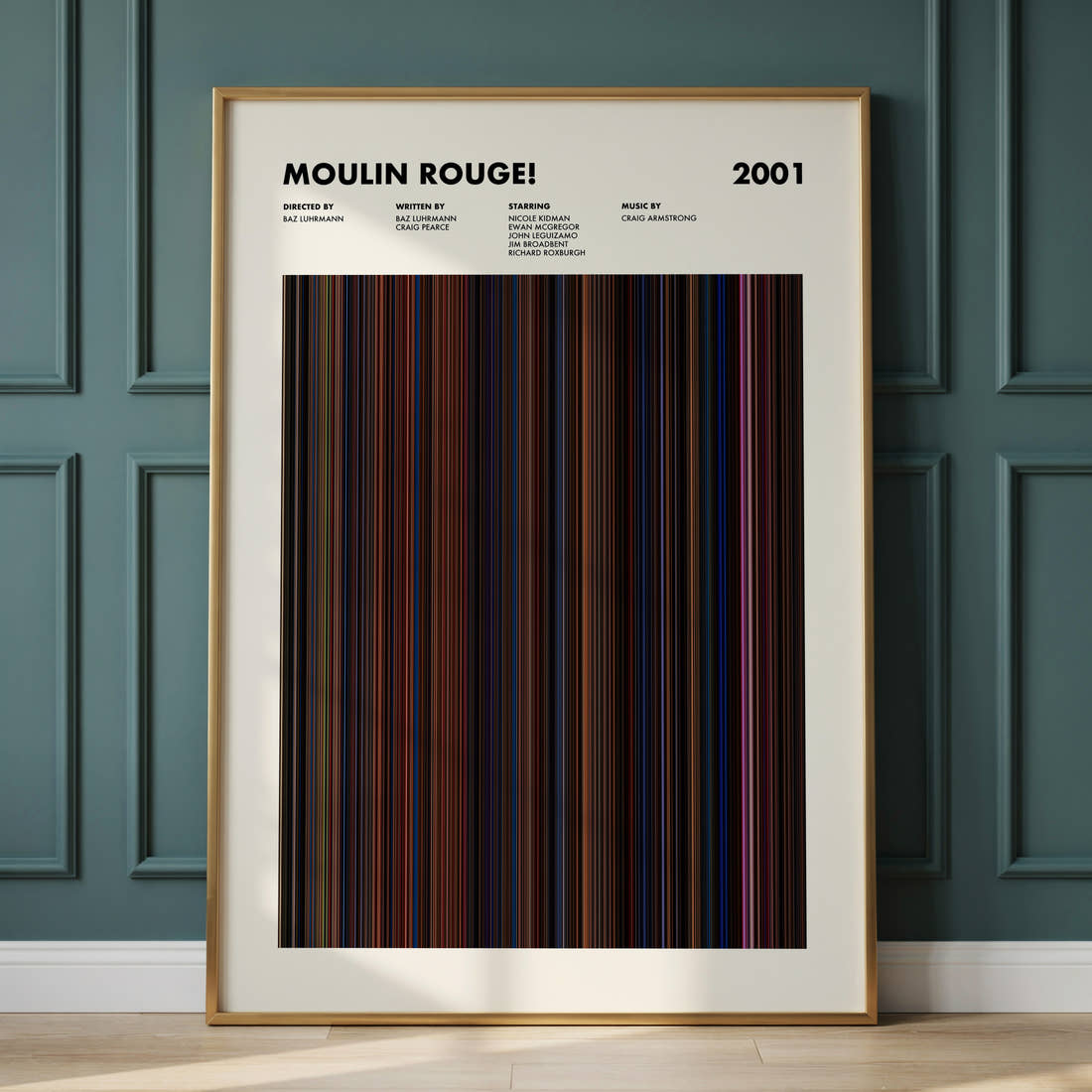 Moulin Rouge Movie Barcode Poster framed and leaning against a panelled wall