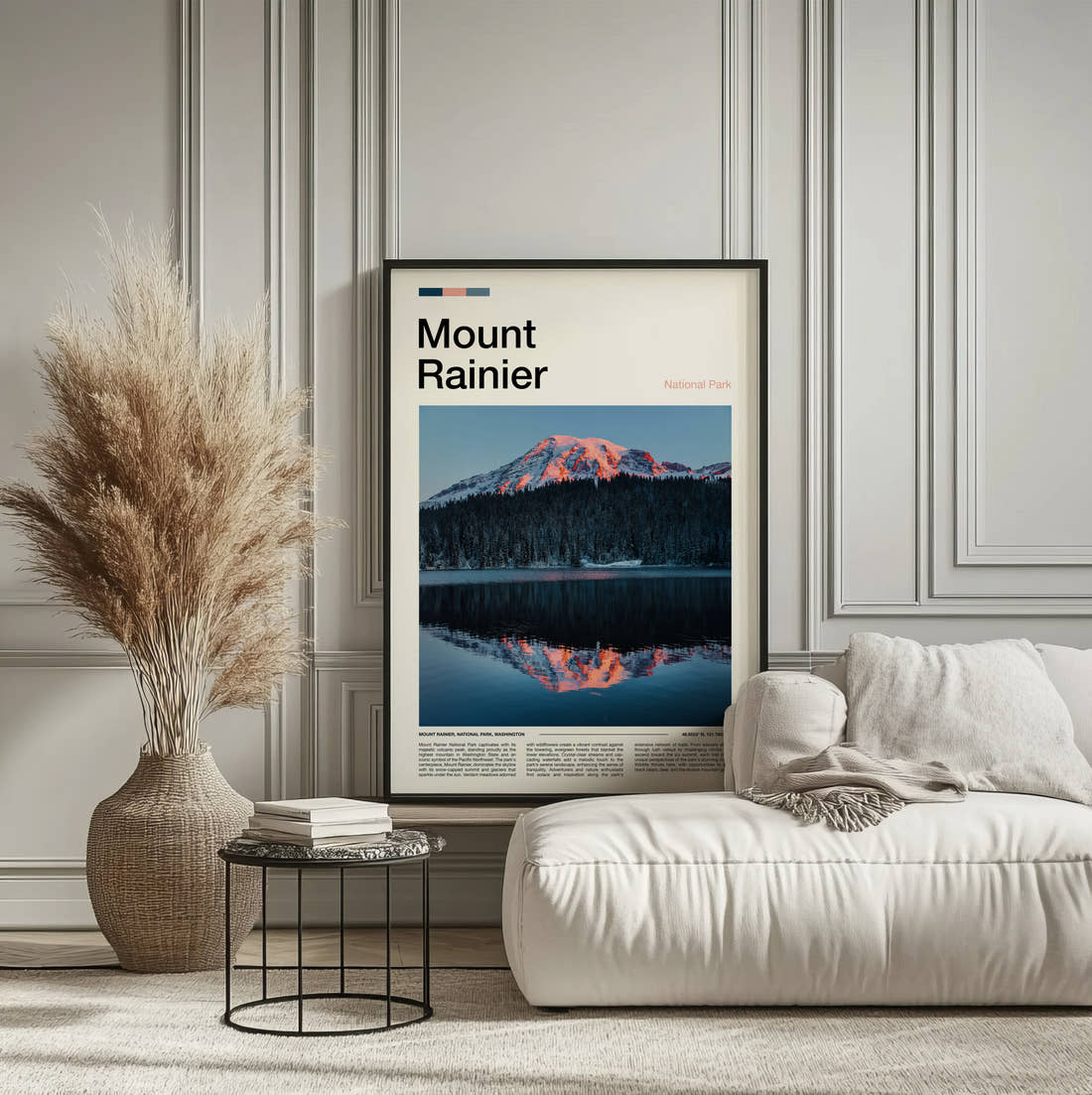 Mount Rainier Mountain Reflected In Lake Travel Print framed on the wall of a calm, neutral bedroom