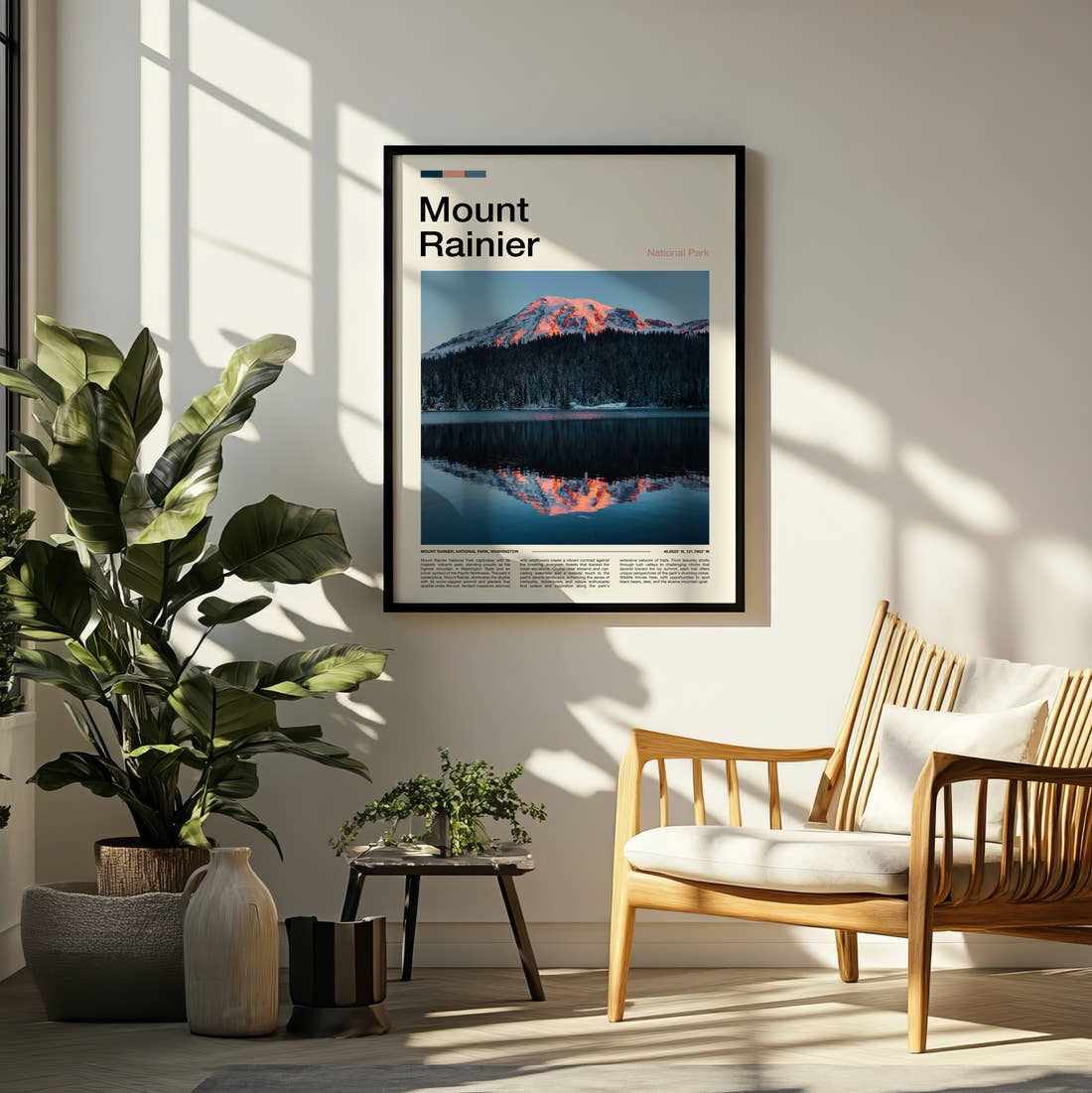 Mount Rainier Mountain Reflected In Lake Travel Print framed on a pale wall beside houseplants