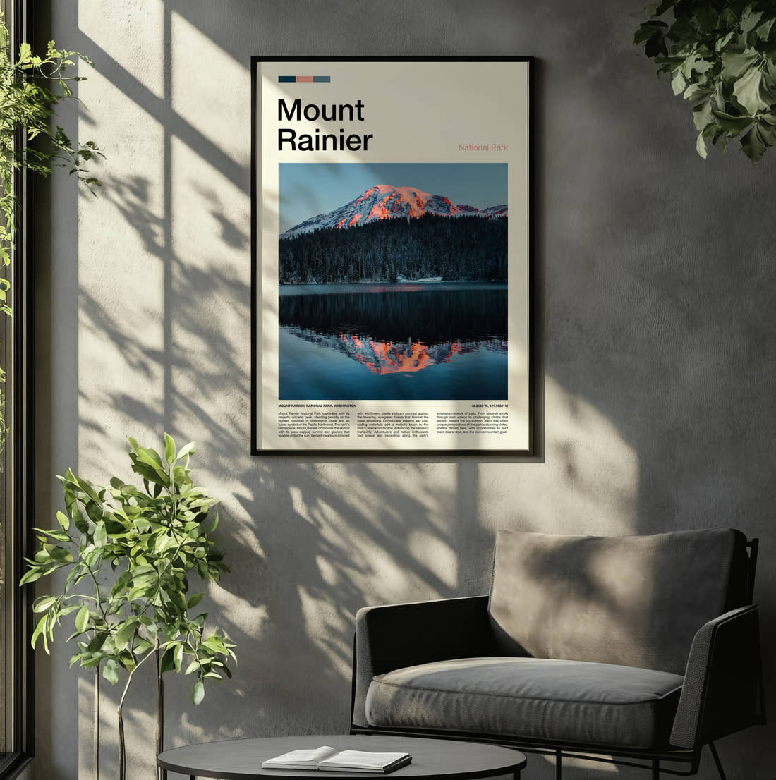 Mount Rainier Mountain Reflected In Lake Travel Print framed on the wall of a relaxed living room