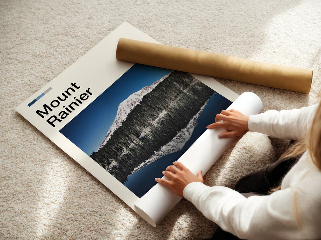 Mount Rainier Snowy Mountain Reflection Travel Print being unrolled from its postal tube