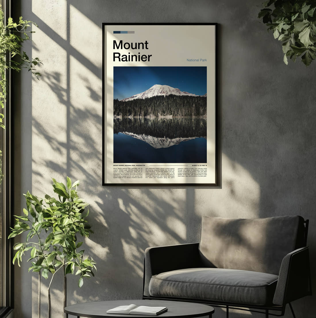 Mount Rainier Snowy Mountain Reflection Travel Print framed on the wall of a relaxed living room