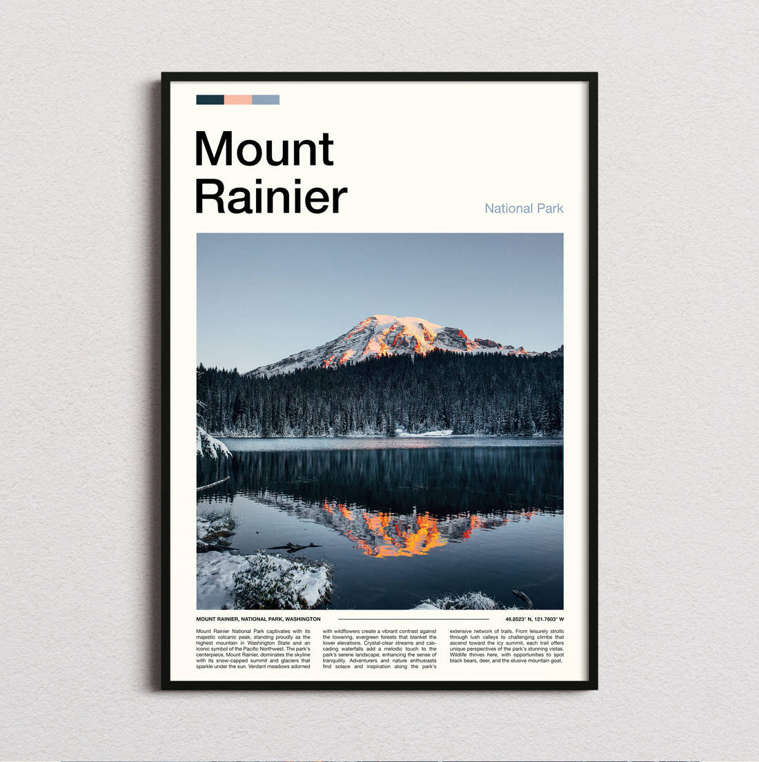 Mount Rainier Golden Peak Reflection Travel Print framed and photographed straight on