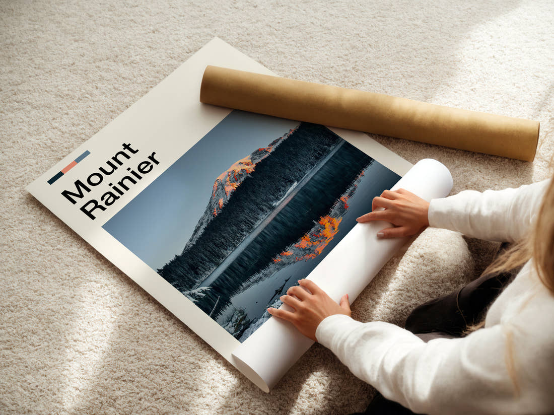 Mount Rainier Golden Peak Reflection Travel Print being unrolled from its postal tube