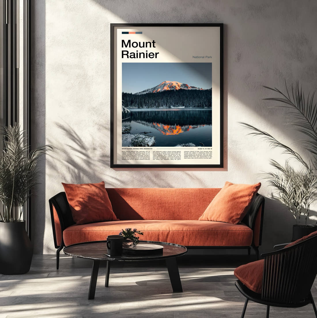 Mount Rainier Golden Peak Reflection Travel Print framed on the wall of a modern living room