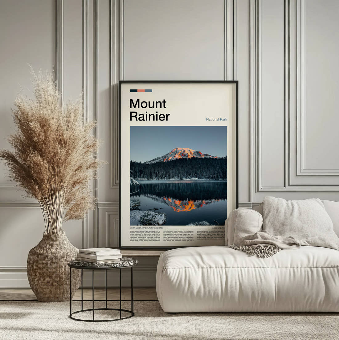 Mount Rainier Golden Peak Reflection Travel Print framed on the wall of a calm, neutral bedroom