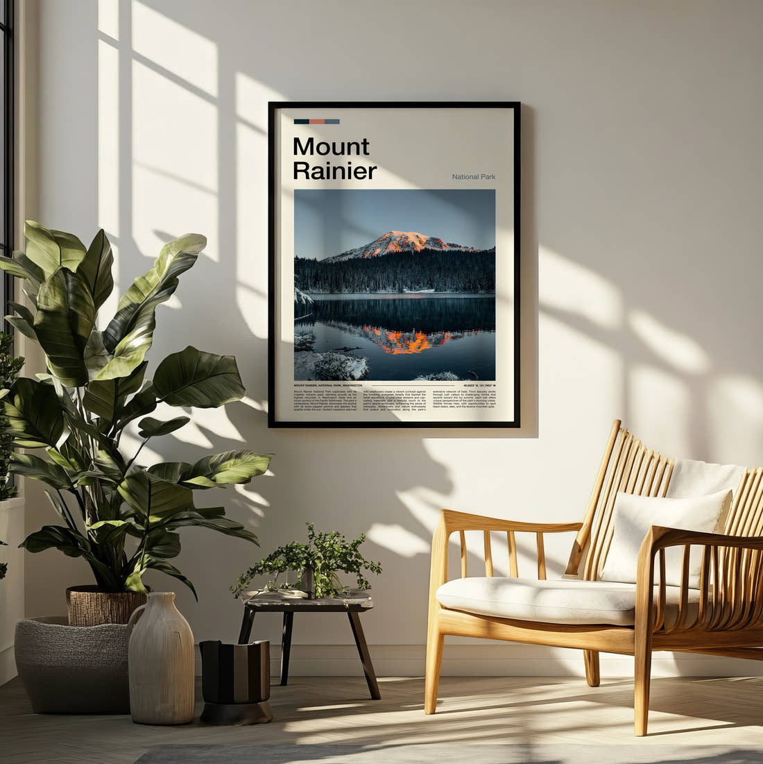 Mount Rainier Golden Peak Reflection Travel Print framed on a pale wall beside houseplants