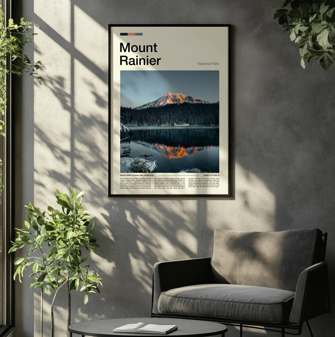 Mount Rainier Golden Peak Reflection Travel Print framed on the wall of a relaxed living room