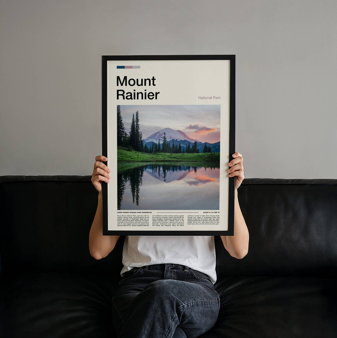 Mount Rainier Mountain And Alpine Meadow Travel Print held up by hand to show the size of the print