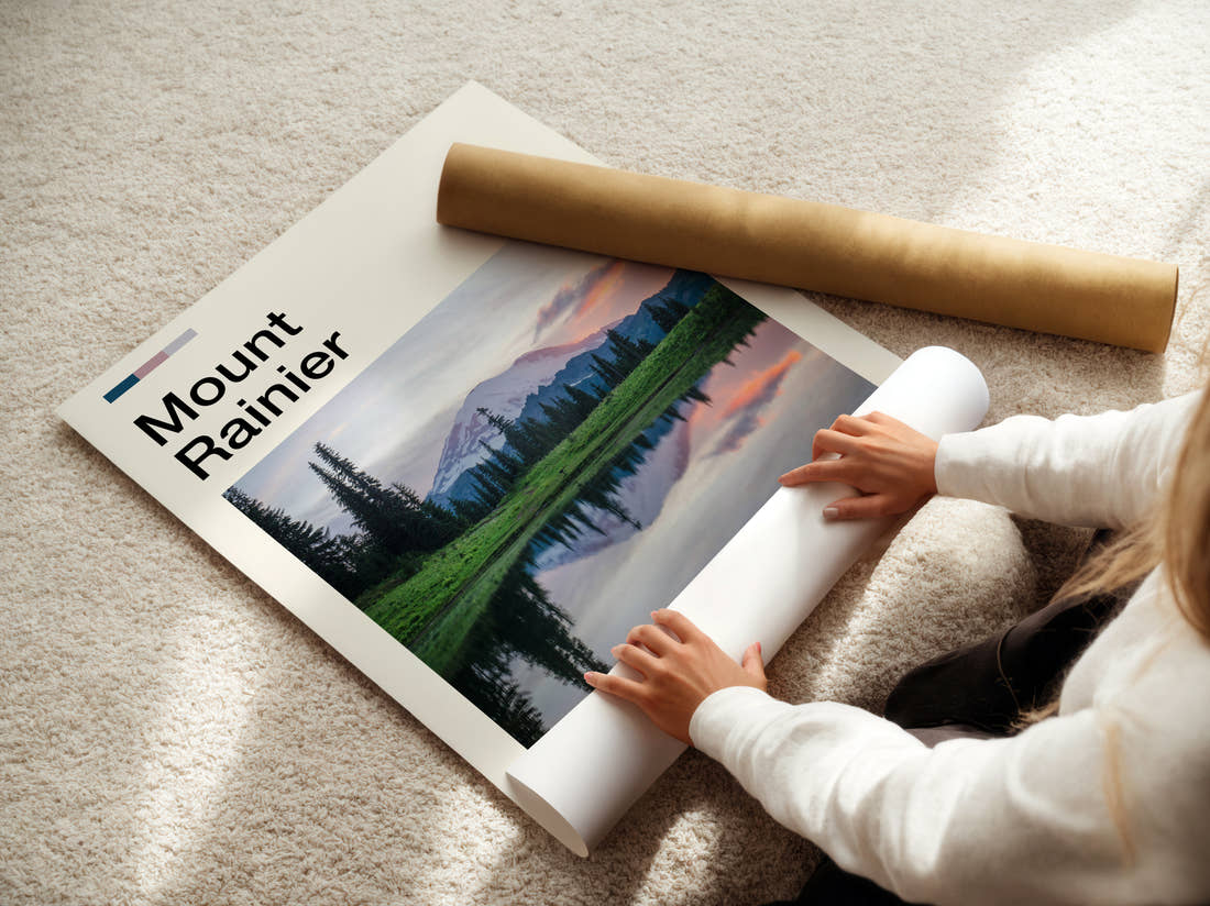 Mount Rainier Mountain And Alpine Meadow Travel Print being unrolled from its postal tube