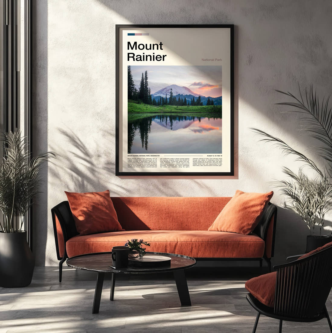 Mount Rainier Mountain And Alpine Meadow Travel Print framed on the wall of a modern living room